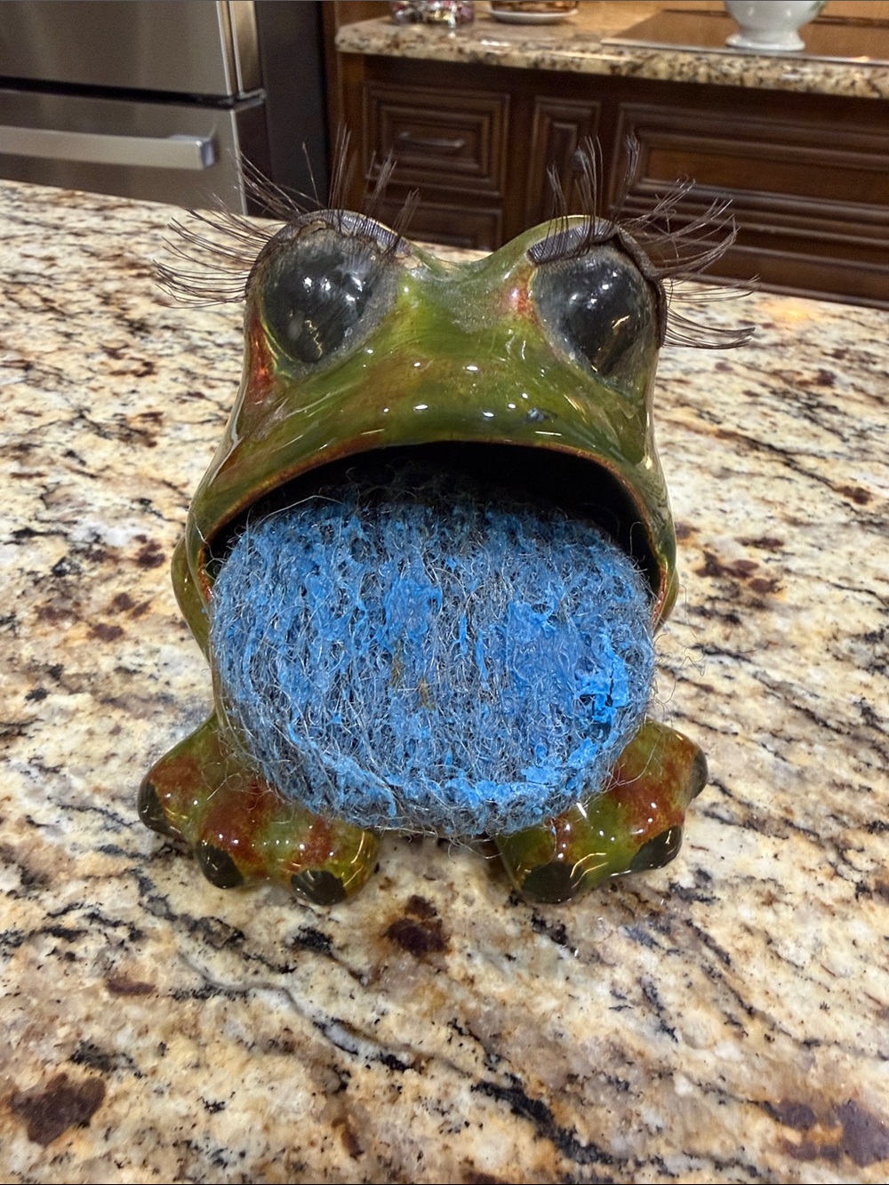Vintage Glazed Ceramic Frog Sponge Holder in Green with Blue Sponge (not inc)